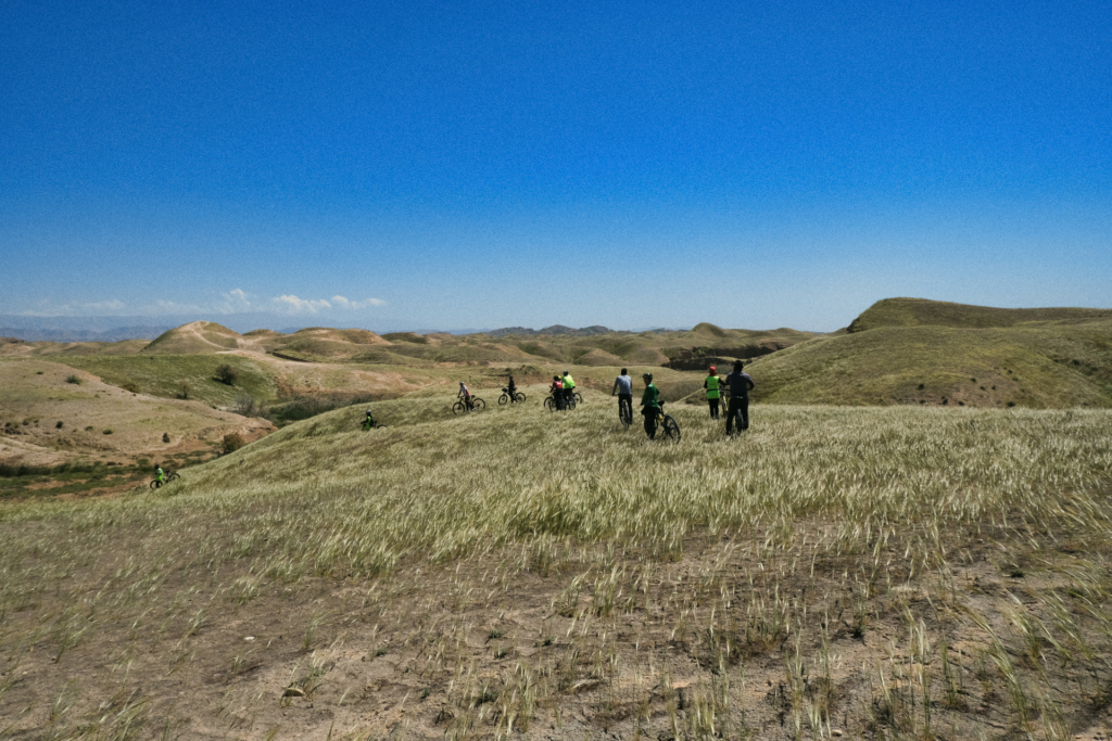 Eine hügelige, voll mit Steppengras bewachsene Gegend unter blauem Himmel. Eine Gruppe Fahrradfahrer fährt mitten durch die Steppe die Hügel hinab.